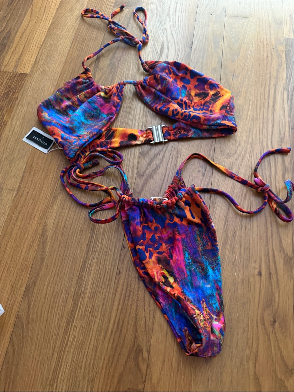 Women's Multicolor Print Tie-Side Bikini — Vibrant Orange & Blue